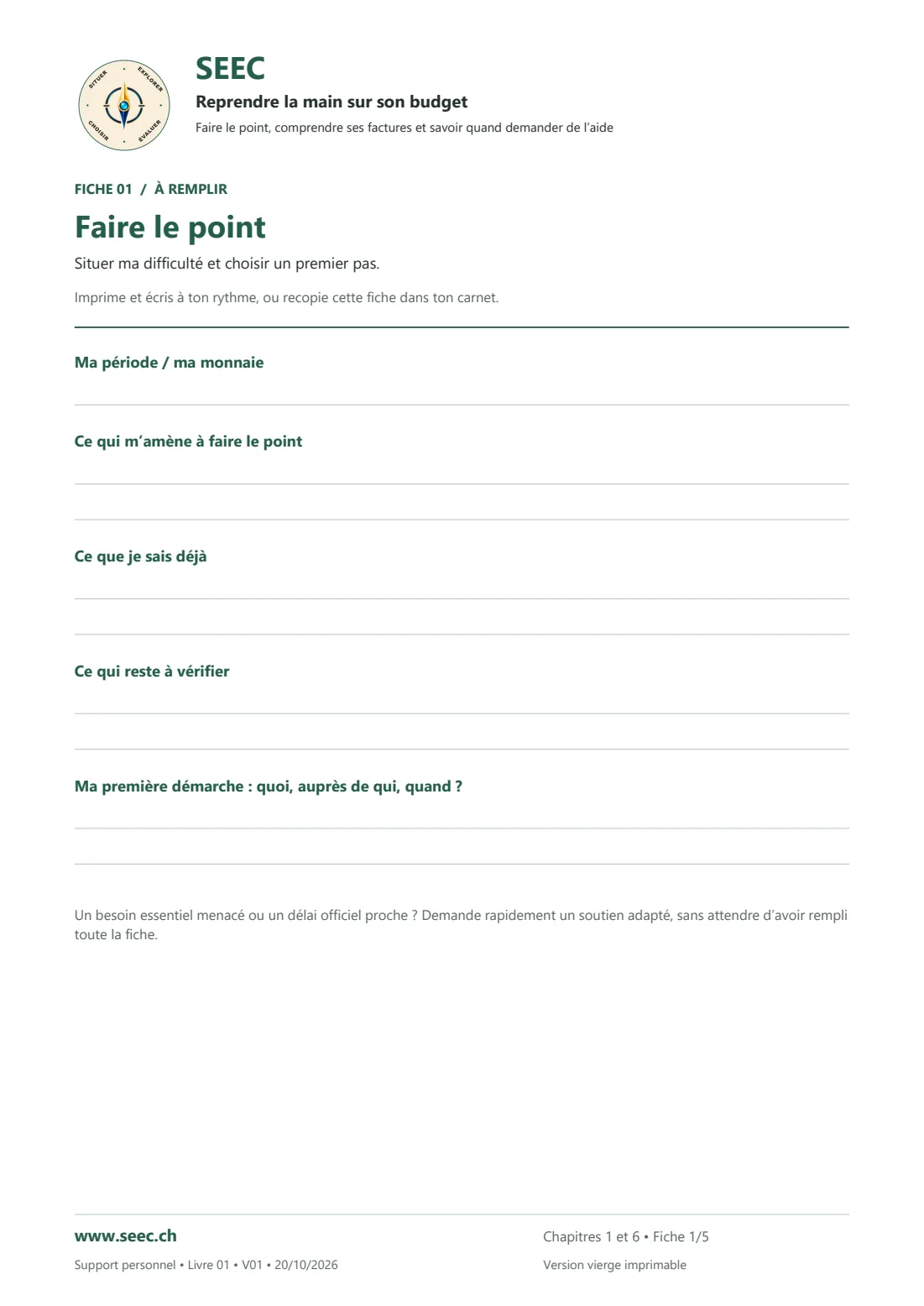 Aperçu de la fiche 01 vierge « Faire le point », page A4 à remplir