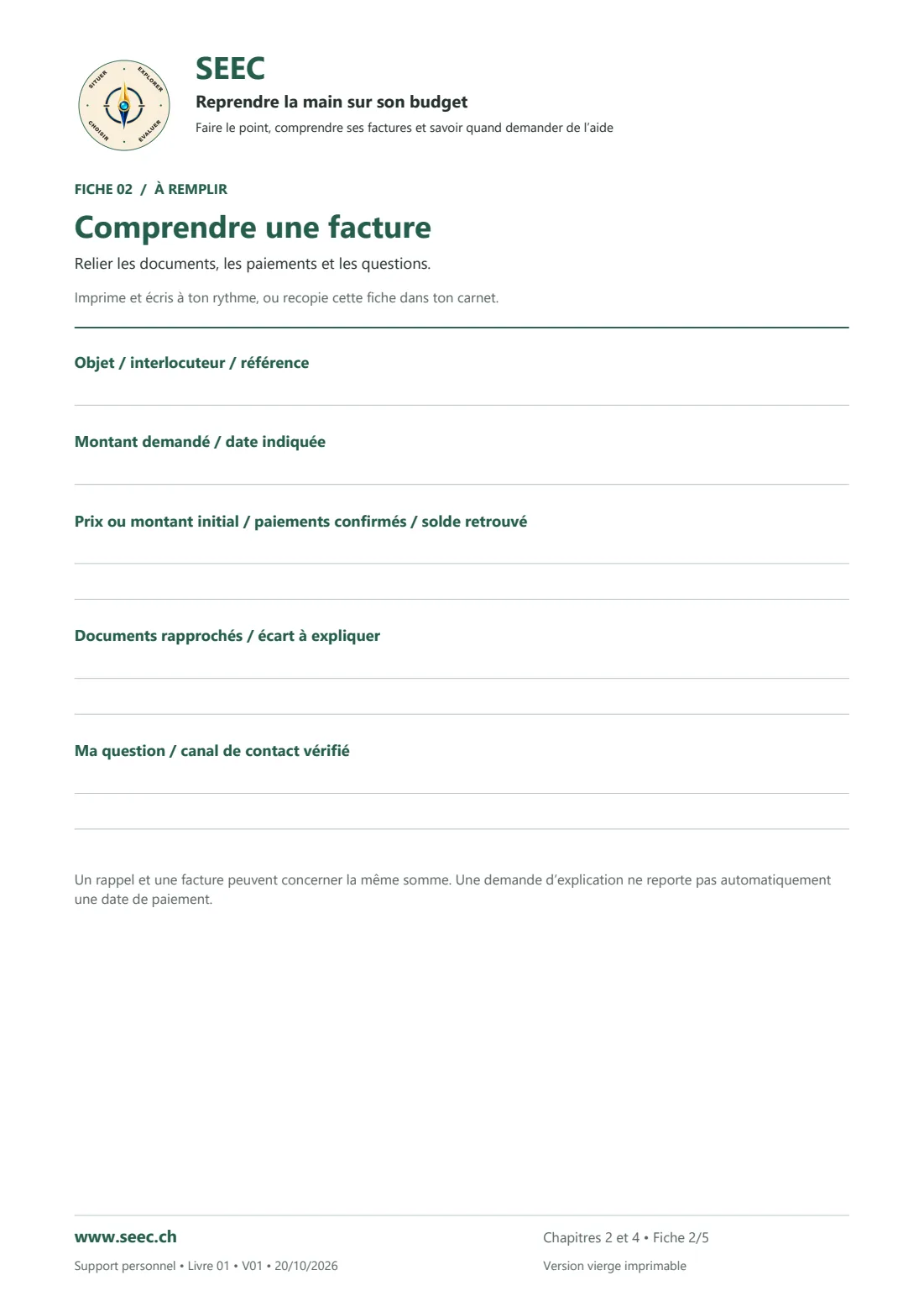 Aperçu de la fiche 02 vierge « Comprendre une facture », page A4 à remplir
