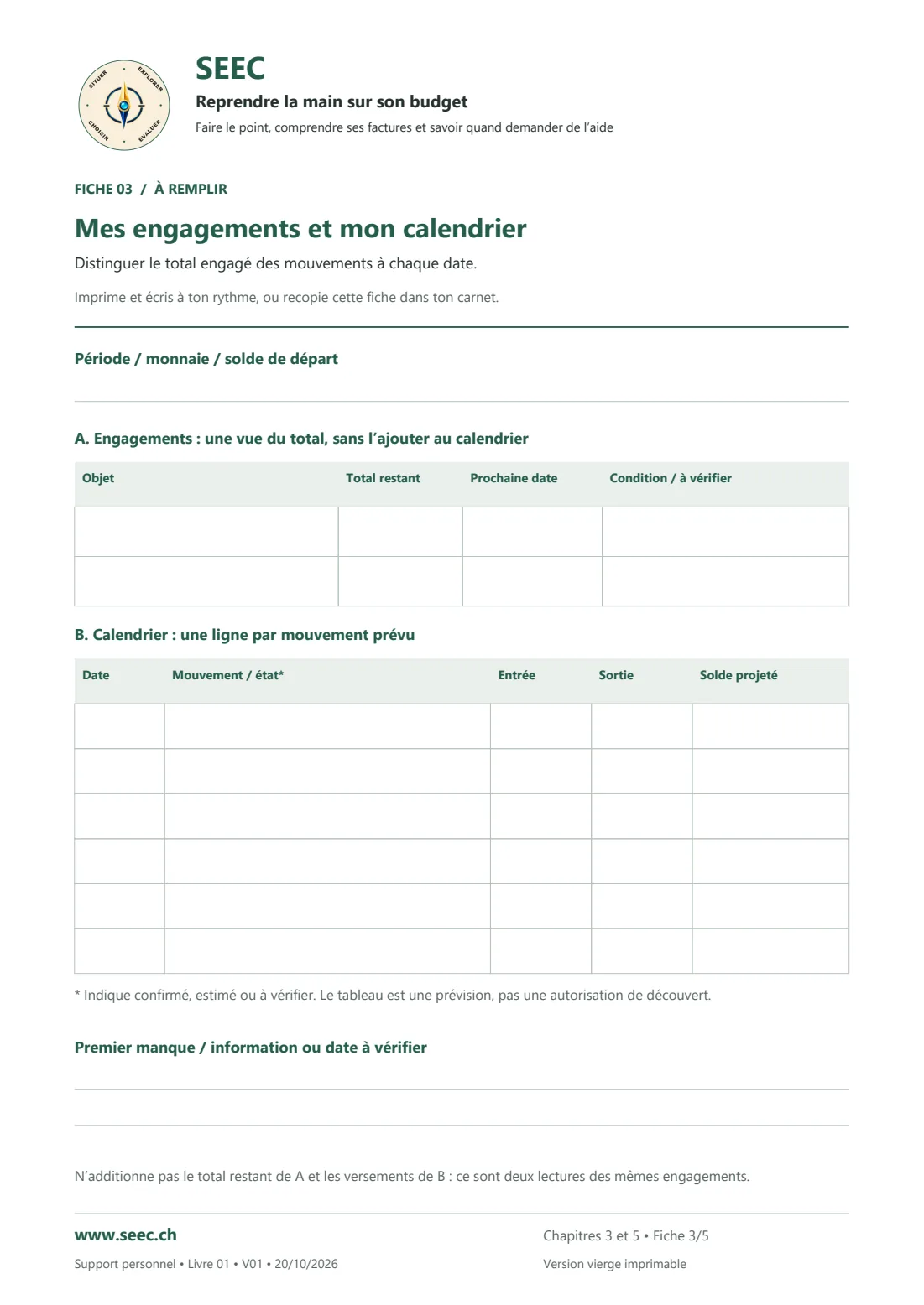 Aperçu de la fiche 03 vierge « Mes engagements et mon calendrier », page A4 à remplir